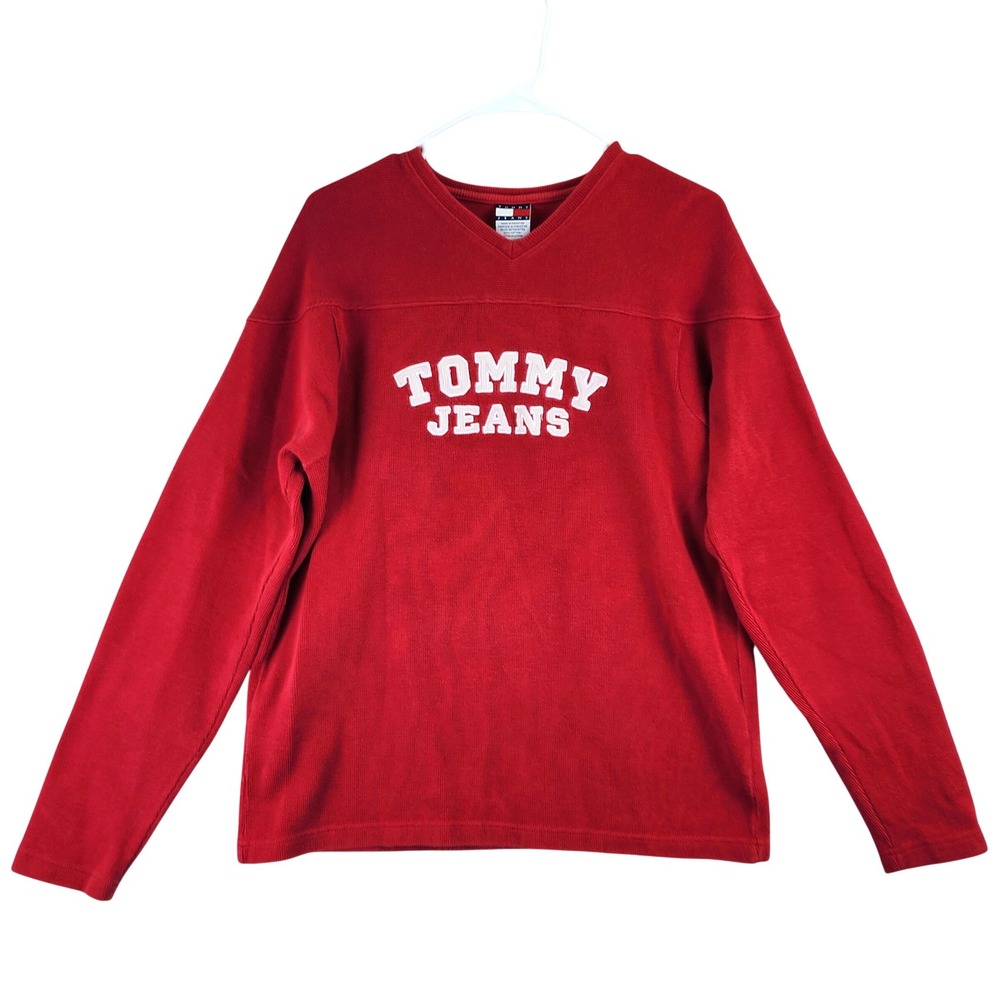 Vintage Tommy Jeans V-Neck Logo Sweater Mens M Red Collegiate Elbow Patches Y2K